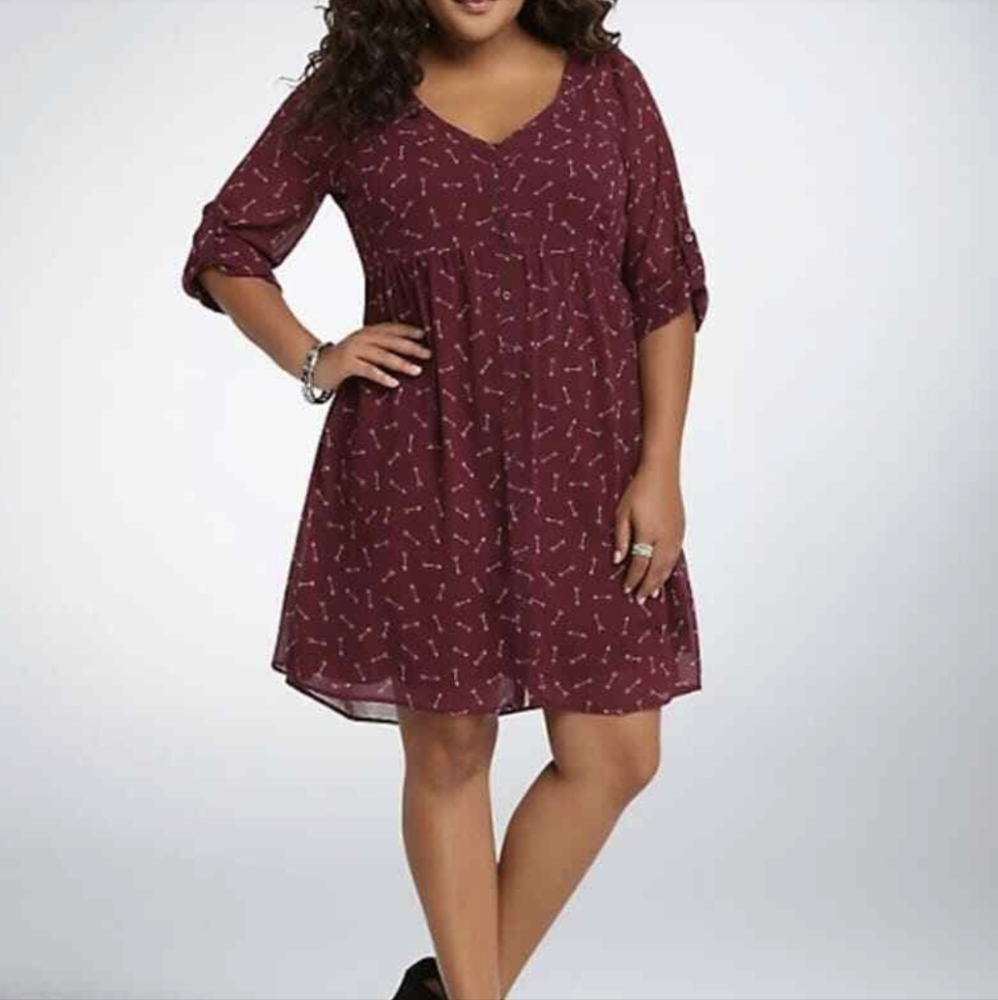 Torrid burgundy arrow print sheer blouse-style dress